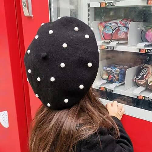 Tezuyok 2 Pcs Winter Wool Berets Pearl French Style Beanie Cap Solid Color Winter Hat Beaded Beret Cap for Women and Girls Casual Use （Black, Red） - 4