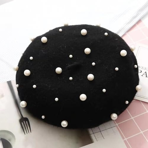 Tezuyok 2 Pcs Winter Wool Berets Pearl French Style Beanie Cap Solid Color Winter Hat Beaded Beret Cap for Women and Girls Casual Use （Black, Red） - TEZUYOK (1)