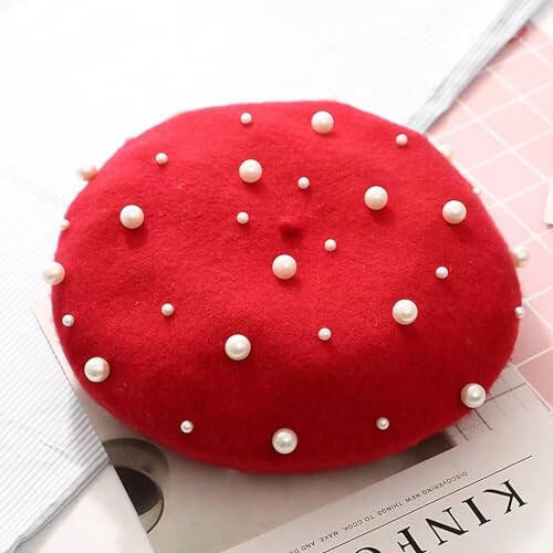 Tezuyok 2 Pcs Winter Wool Berets Pearl French Style Beanie Cap Solid Color Winter Hat Beaded Beret Cap for Women and Girls Casual Use （Black, Red） - 3