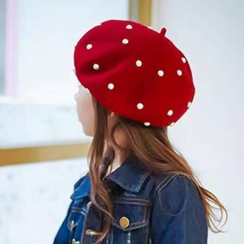 Tezuyok 2 Pcs Winter Wool Berets Pearl French Style Beanie Cap Solid Color Winter Hat Beaded Beret Cap for Women and Girls Casual Use （Black, Red） - 5