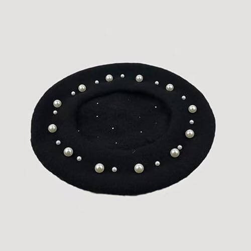 Tezuyok 2 Pcs Winter Wool Berets Pearl French Style Beanie Cap Solid Color Winter Hat Beaded Beret Cap for Women and Girls Casual Use （Black, Red） - 6
