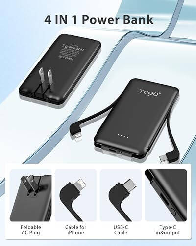 TG90° 2 Pack 5000mAh Power Bank with Cables and Plug Black and Blue - 4