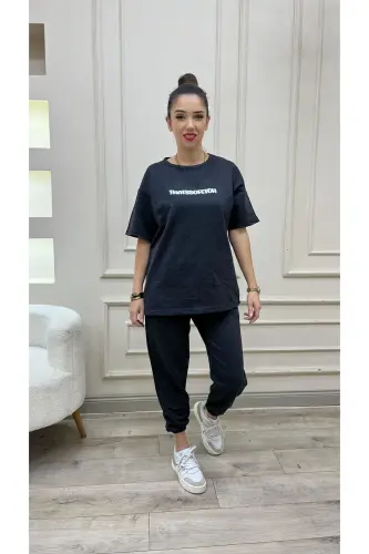 Thatssofetch Anthracite T-shirt Sweatpants Jogger - White Printed Tracksuit Oversize-Anthracite - 3