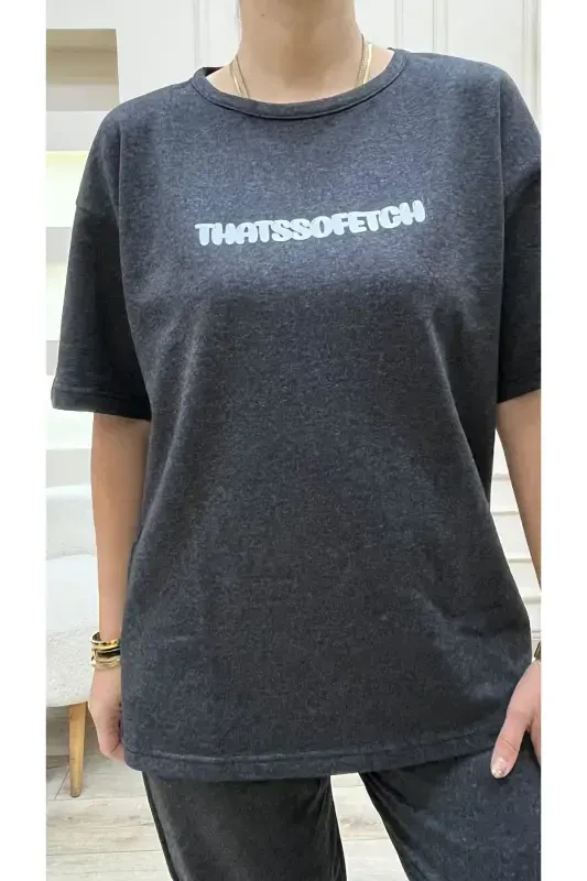 Thatssofetch Antrasit T-shirt Eşofman Altı Jogger - Beyaz Baskılı Eşofman Takımı Oversize-Antrasit - 1