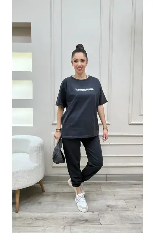 Thatssofetch Antrasit T-shirt Eşofman Altı Jogger - Beyaz Baskılı Eşofman Takımı Oversize-Antrasit - 2