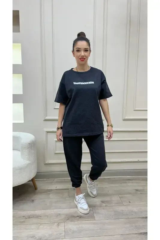 Thatssofetch Antrasit T-shirt Eşofman Altı Jogger - Beyaz Baskılı Eşofman Takımı Oversize-Antrasit - 3