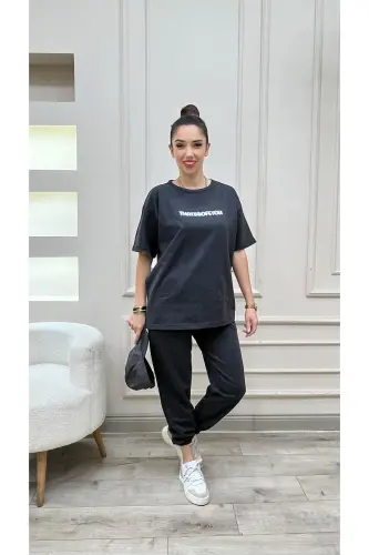 Thatssofetch Antrasit T-shirt Eşofman Altı Jogger - Beyaz Baskılı Eşofman Takımı Oversize-Antrasit - DUBU BUTİK (1)