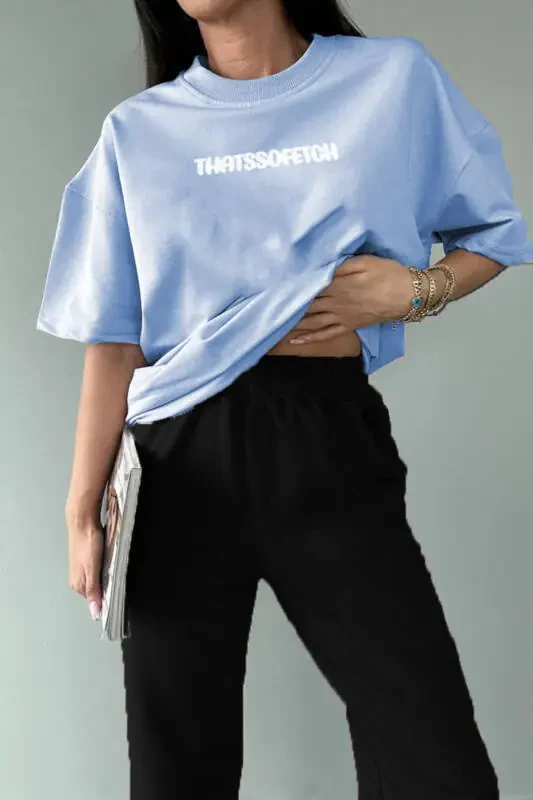 Thatssofetch Baby Blue T-shirt Black Jogger Pants - Printed Top and Bottom Set Bike Neck - 1