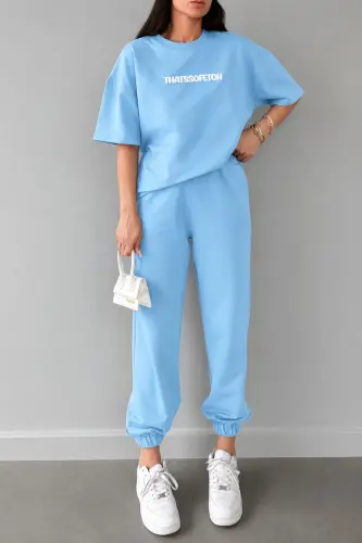 Thatssofetch Baskılı Bebe Mavi Eşofman T-shirt Takım - Alt Üst Eşofman Takımı Oversize Bisiklet Yaka - BEBEMAVİ - 1