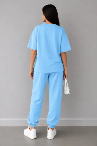 Thatssofetch Baskılı Bebe Mavi Eşofman T-shirt Takım - Alt Üst Eşofman Takımı Oversize Bisiklet Yaka - BEBEMAVİ - 3