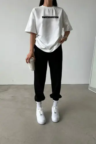 Thatssofetch Beyaz T-shirt Siyah Eşofman Altı Jogger - Baskılı Alt Üst Takım Bisiklet Yaka - Beyaz Siyah 