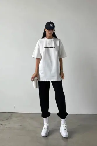 Thatssofetch Beyaz T-shirt Siyah Eşofman Altı Jogger - Baskılı Alt Üst Takım Bisiklet Yaka-Beyaz Siyah - DUBU BUTİK (1)