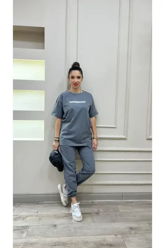 Thatssofetch Füme T-shirt Eşofman Altı Jogger - Beyaz Baskılı Eşofman Takımı Oversize-Füme - DUBU BUTİK