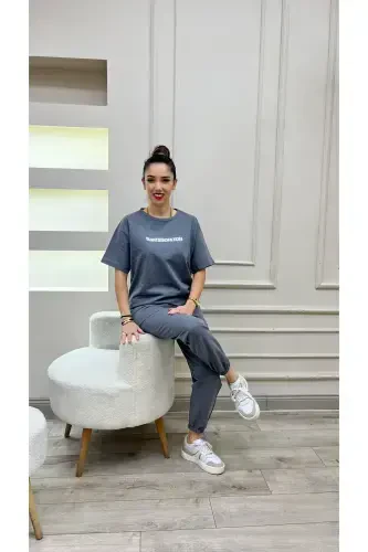 Thatssofetch Футболка дымчатая, спортивные штаны джоггеры - белый принт, спортивный костюм оверсайз - дымчатый - 4