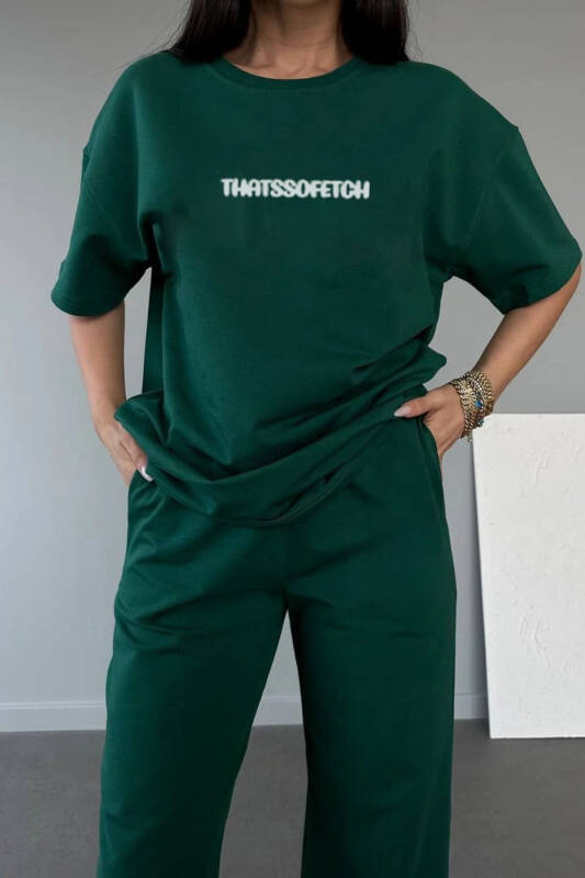 Thatssofetch Futbolka Jogger Shim - Yashil Bosma Yuqori Pastki Sport Kostyumi Oversize Velosiped Yaka - 1