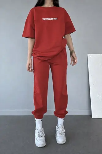 Thatssofetch Kırmızı T-shirt Eşofman Altı Jogger - Baskılı Eşofman Takımı Oversize - Kırmızı - 1