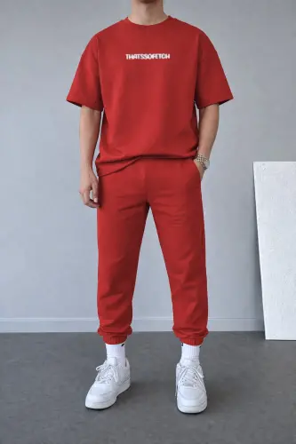 Thatssofetch Kırmızı T-shirt Eşofman Altı Jogger - Baskılı Eşofman Takımı Oversize - Kırmızı - DUBU BUTİK (1)