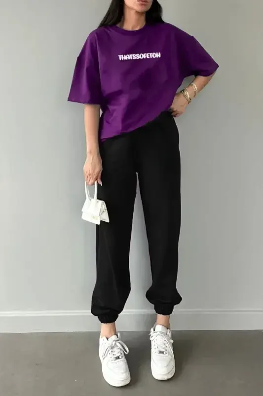 Thatssofetch Mor T-shirt Qora Sport Shim Jogger - Bosmali Pastki Yuqori Kostyum Velosiped Yoqasi-Mor Qora - DUBU BUTİK