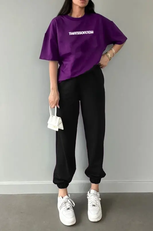 Thatssofetch Mor T-shirt Siyah Eşofman Altı Jogger - Baskılı Alt Üst Takım Bisiklet Yaka-Mor Siyah - DUBU BUTİK