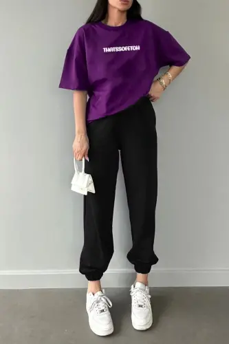 Thatssofetch Mor T-shirt Siyah Eşofman Altı Jogger - Baskılı Alt Üst Takım Bisiklet Yaka - Mor Siyah 
