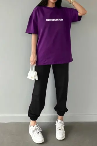 Thatssofetch Mor T-shirt Siyah Eşofman Altı Jogger - Baskılı Alt Üst Takım Bisiklet Yaka-Mor Siyah - DUBU BUTİK (1)