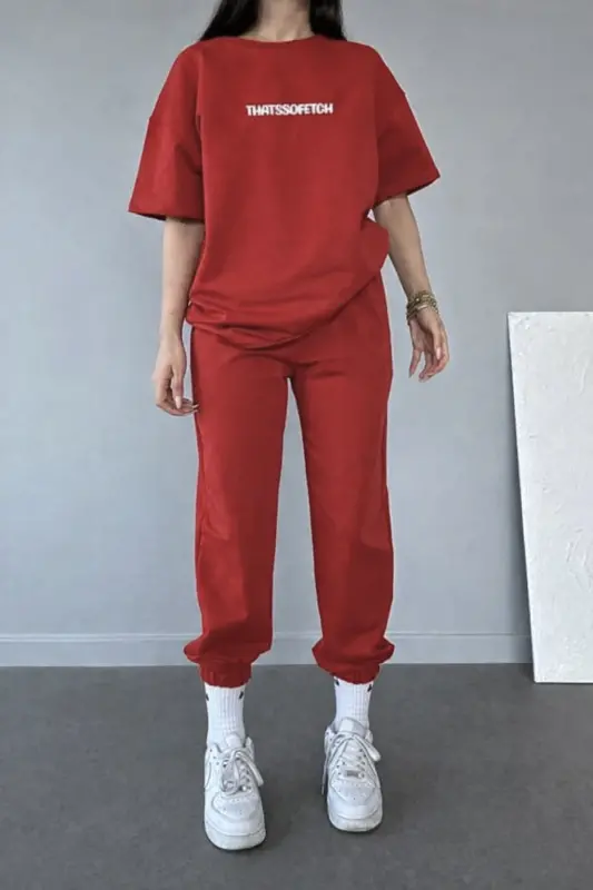 Thatssofetch Qizil T-shirt Sportiv Shim Jogger - Bosma Sportiv Kostyum Oversize - Qizil - 1