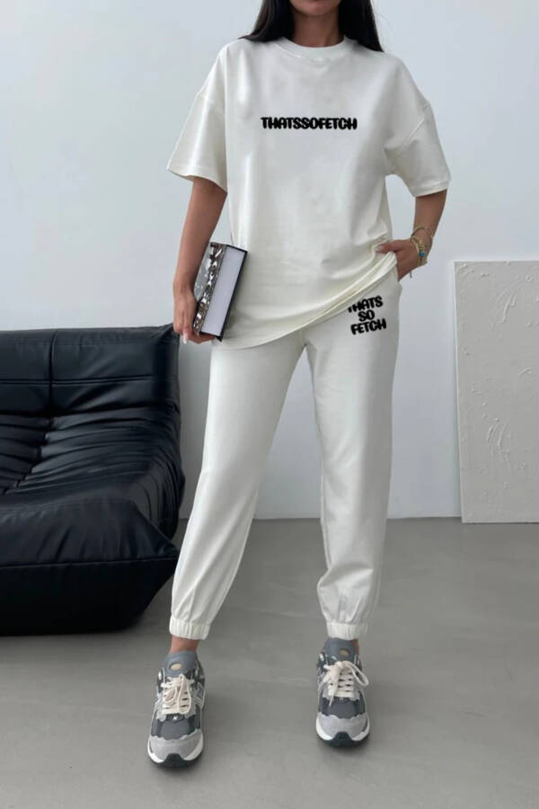 Thatssofetch T-shirt and Jogger Pants - White Print Oversize Crew Neck Set - 1