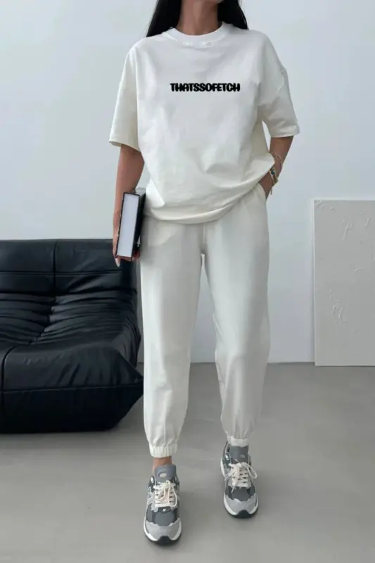 Thatssofetch T-shirt and Jogger Pants - White Print Oversize Crew Neck Set - 2