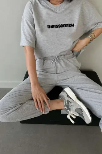 Thatssofetch T-shirt Eşofman Altı Jogger - Gri Baskı Alt Üst Eşofman Takımı Oversize Bisiklet Yaka-Gri - DUBU BUTİK