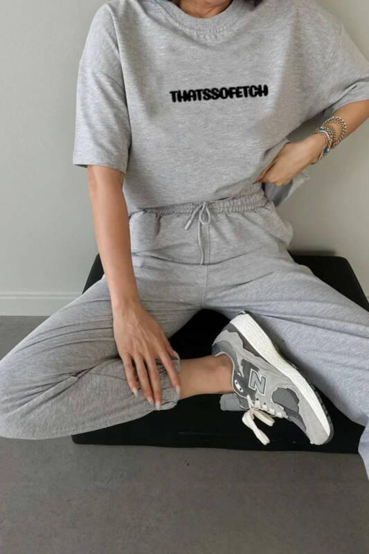 Thatssofetch T-shirt Eşofman Altı Jogger - Gri Baskı Alt Üst Eşofman Takımı Oversize Bisiklet Yaka-Gri - 1