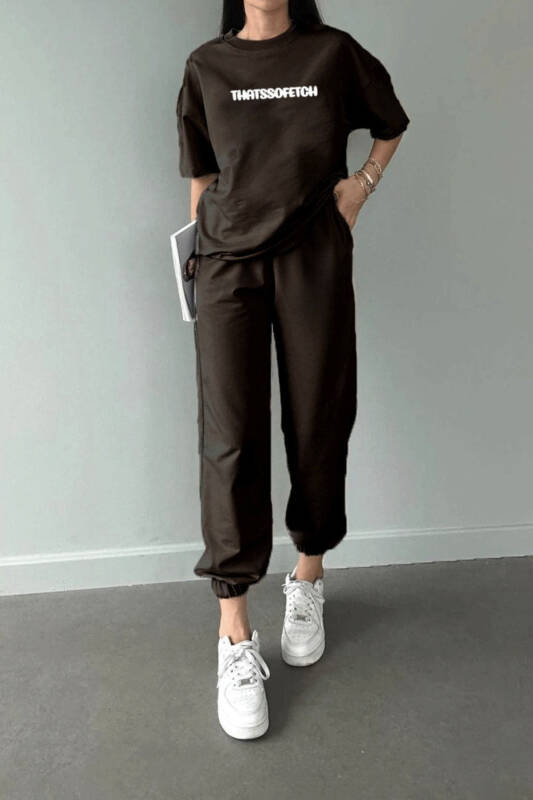 Thatssofetch T-shirt Eşofman Altı Jogger - Kahve Baskı Alt Üst Eşofman Takımı Oversize Bisiklet Yak - Koyu Kahverengi - 2