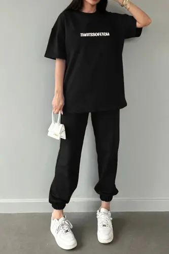 Thatssofetch T-shirt Eşofman Altı Jogger - Siyah Baskı Alt Üst Eşofman Takımı Oversize Bisiklet Yaka - DUBU BUTİK (1)