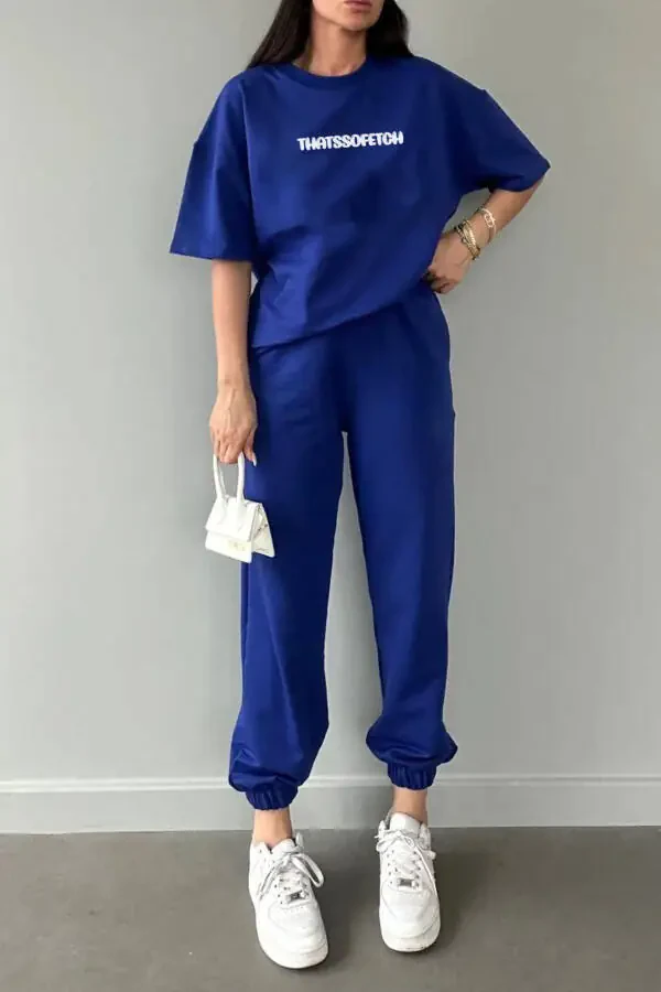 Thatssofetch T-shirt Eşofman Altı Jogger - Mavi Baskı Alt Üst Eşofman Takımı Oversize Bisiklet Yaka-Saks Mavi - 1