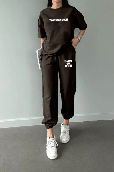 Thatssofetch T-Shirt Jogger Pants - Coffee Print Top and Bottom Sweatsuit Oversized Crew Neck - 3