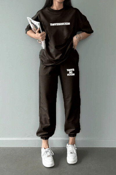 Thatssofetch T-Shirt Jogger Pants - Coffee Print Top and Bottom Sweatsuit Oversized Crew Neck - 4