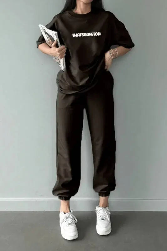 Thatssofetch T-Shirt Jogger Pants - Coffee Print Top and Bottom Sweatsuit Oversized Crew Neck - 1