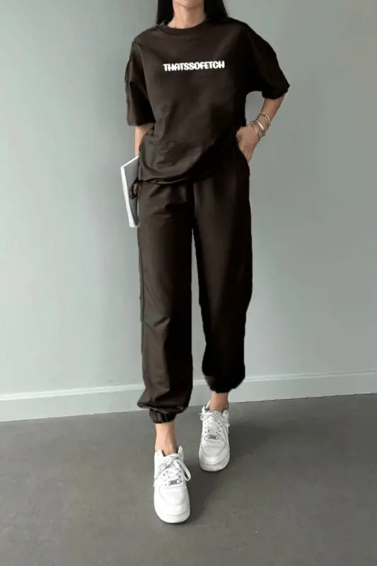 Thatssofetch T-Shirt Jogger Pants - Coffee Print Top and Bottom Sweatsuit Oversized Crew Neck - 2