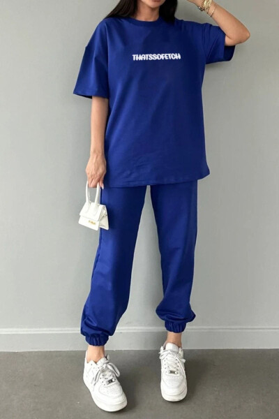 Thatssofetch T-shirt Jogger Shimim - Ko'k Bosilgan Yuqori va Pastki Trenirovka Kostyumi Oversize Krujka Yoqa - DUBU BUTİK (1)