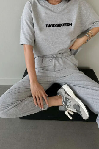 Thatssofetch T-shirt Jogger Shimlar - Kulrang Bosma Yuqori va Pastki Sport Kostyumi Oversize Velosiped Yaka - DUBU BUTİK