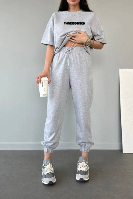 Thatssofetch T-shirt Jogger Shimlar - Kulrang Bosma Yuqori va Pastki Sport Kostyumi Oversize Velosiped Yaka - 2