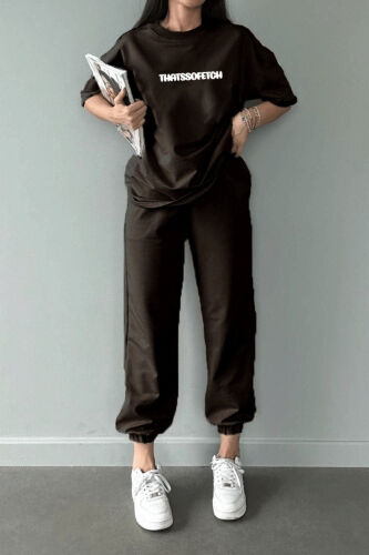 Thatssofetch T-shirt Jogger Shimlar - Qahva Bosma Yuqori va Pastki Sport Kostyumi Oversize Velosiped Yaka - DUBU BUTİK