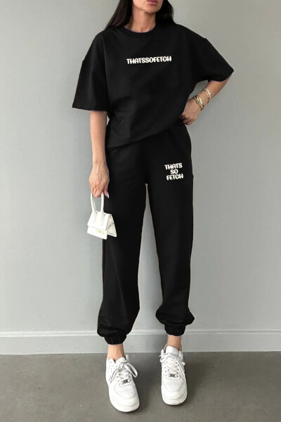 Thatssofetch T-shirt Jogger Shimlar - Qora Bosma Yuqori va Pastki Sport Kiyimlari Oversize Aylana Yaka - 3