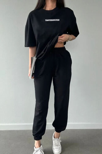 Thatssofetch T-shirt Jogger Shimlar - Qora Bosma Yuqori va Pastki Sport Kiyimlari Oversize Aylana Yaka - DUBU BUTİK