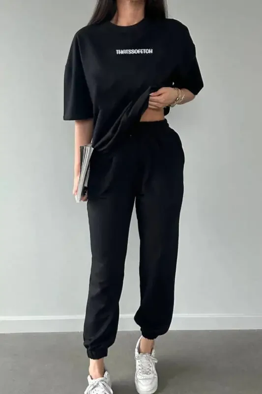 Thatssofetch T-shirt Jogger Sweatpants - Black Print Top and Bottom Sweatsuit Oversize Crew Neck - 1