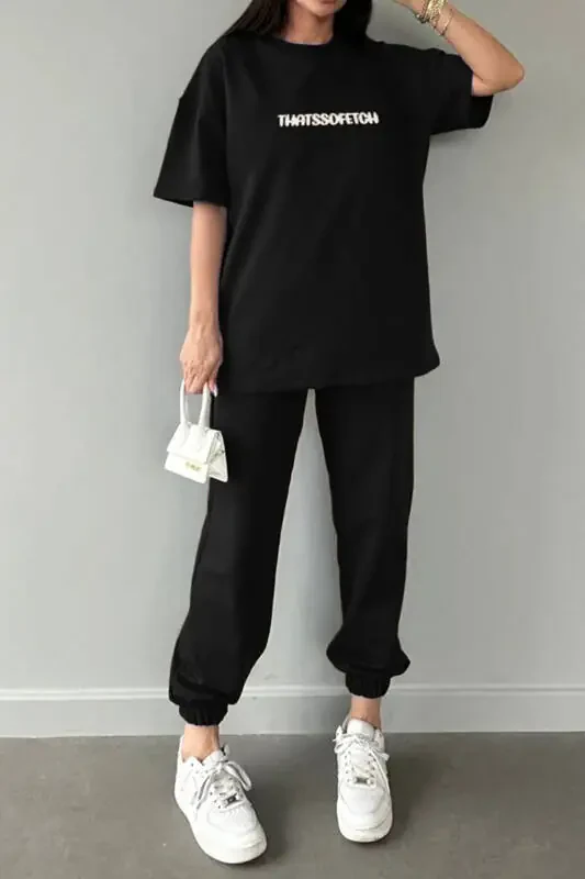 Thatssofetch T-shirt Jogger Sweatpants - Black Print Top and Bottom Sweatsuit Oversize Crew Neck - 2