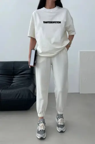 Thatssofetch T-shirt Eşofman Altı Jogger - Beyaz Baskı Alt Üst Eşofman Takımı Oversize Bisiklet Yak - FullBeyaz - 2