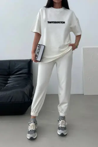 Thatssofetch T-shirt Eşofman Altı Jogger - Beyaz Baskı Alt Üst Eşofman Takımı Oversize Bisiklet Yak - FullBeyaz - 3