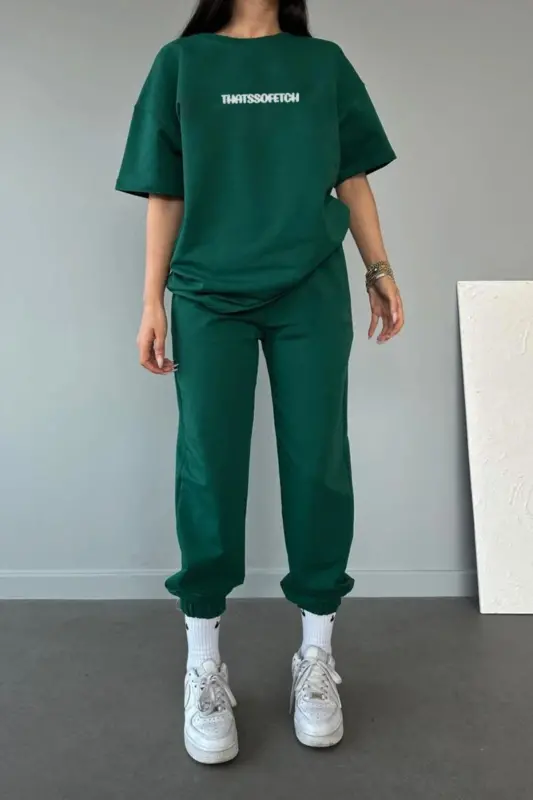 Thatssofetch Tişört Eşofman Altı Jogger - Yeşil Baskılı Üst Alt Eşofman Takımı Oversize Bisiklet Yaka - 2