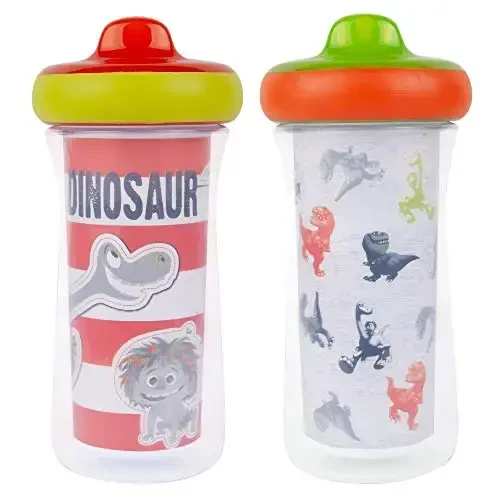 The First Years Dinosaur Kids Izolyatsiya qilingan Sippy Cups - Idish yuvish mashinasida xavfsiz to'kilmaydigan bolalar uchun krujkalar - 12 oylik va undan katta yoshdagilar uchun - 9 unsiyalar - 2 dona - THE FIRST YEARS