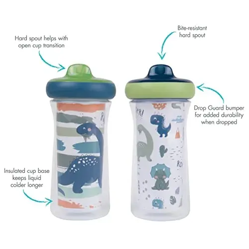 The First Years Dinosaur Kids Izolyatsiyalangan Sippy krujkalari - Idish yuvish mashinasida xavfsiz, to'kilmaydigan bolalar krujkalari - 12 oylik va undan katta yoshdagilar - 9 untsiya - 2 dona - THE FIRST YEARS (1)